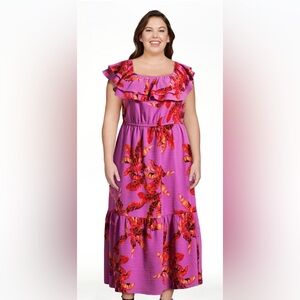 Sofia Women's Floral Maxi Dress with Ruffle Convertible Neck, Size Large NWT